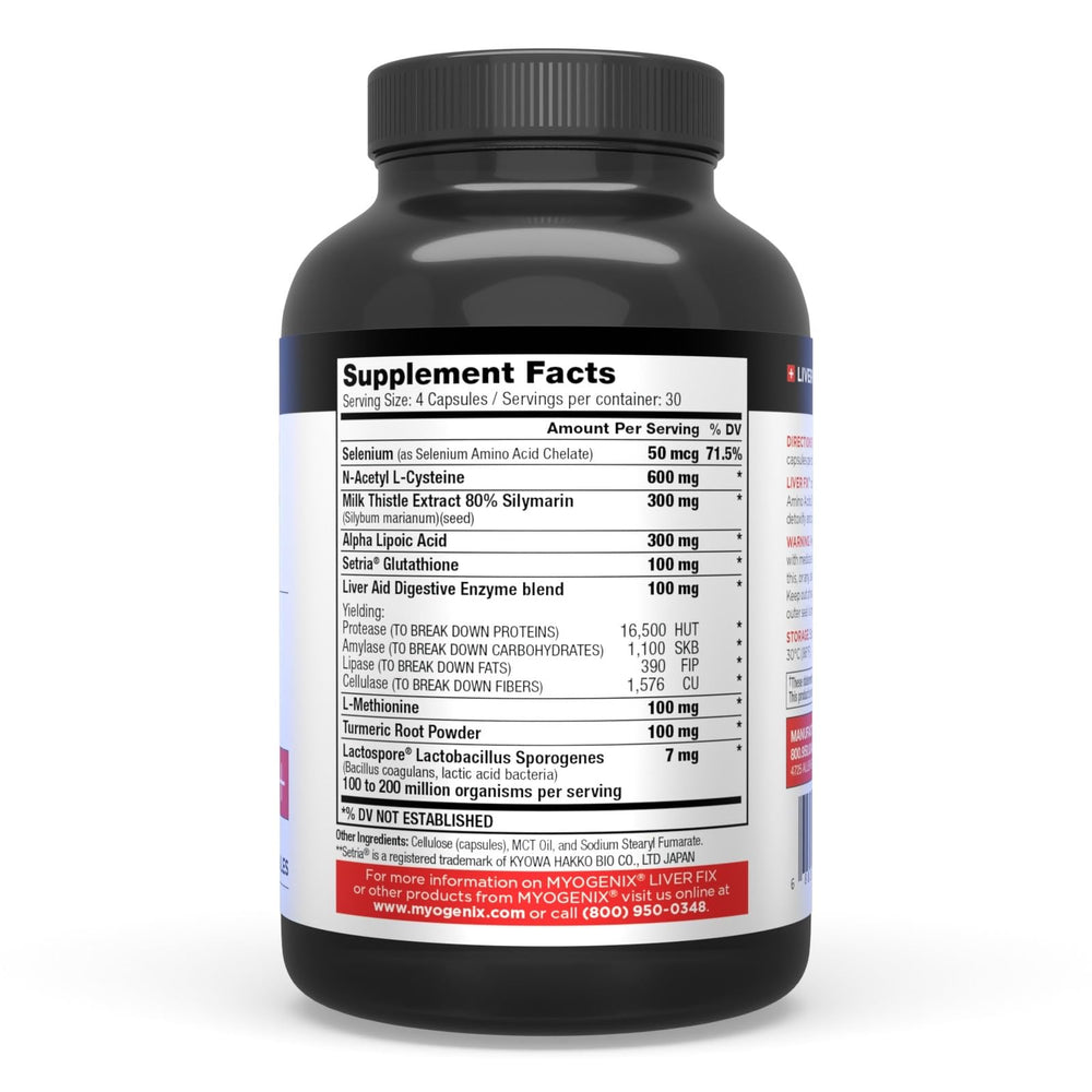 Myogenix Liver Fix ingredients display with NAC and silymarin for liver health.