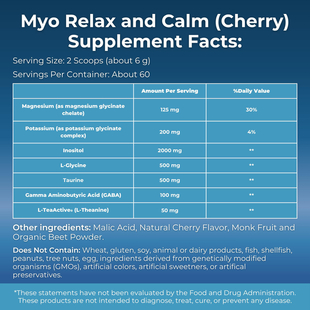 MYOXCIENCE Myo Relax & Calm bottle back label highlighting ingredients and clean formula