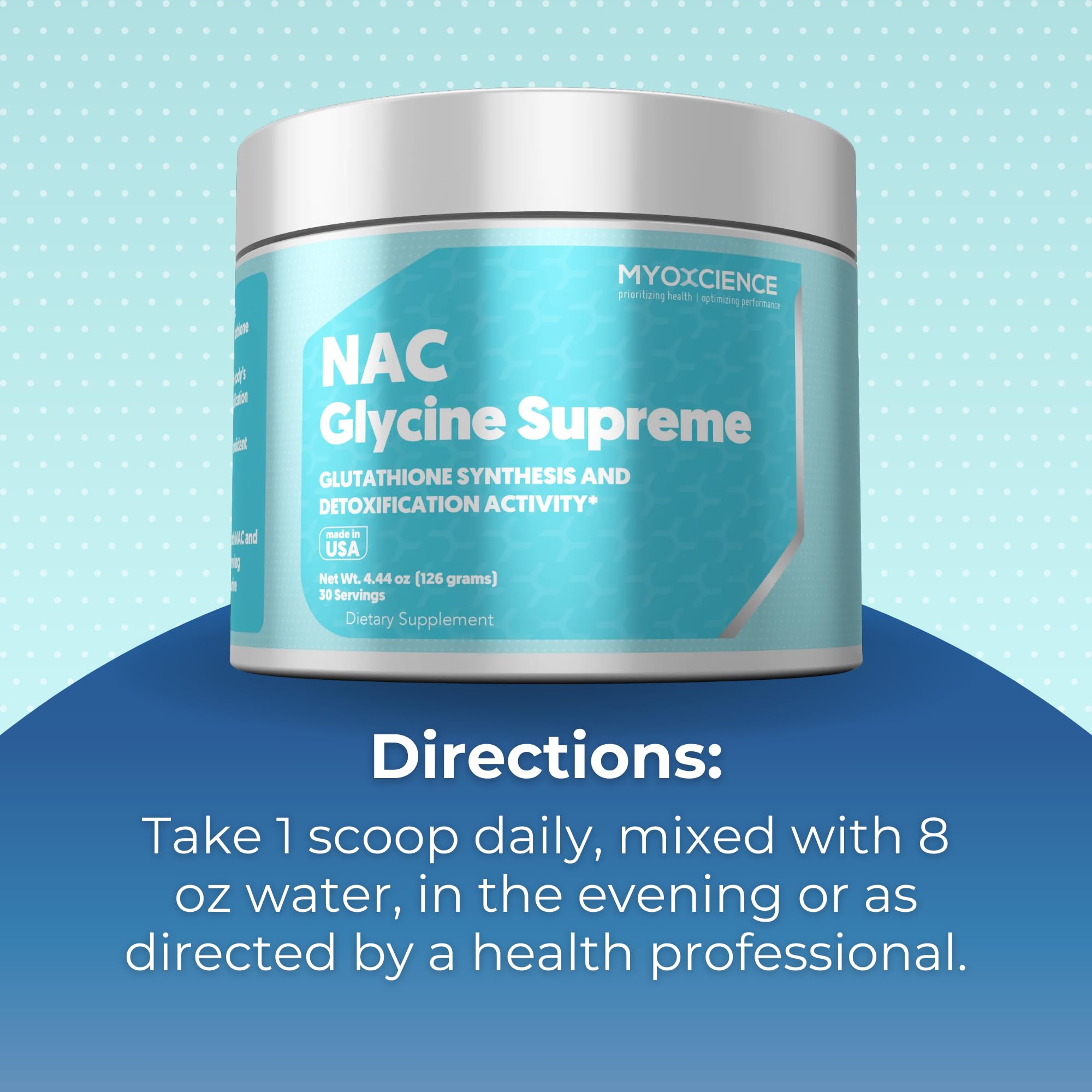 Evening kitchen setup with MYOXCIENCE NAC Glycine Supreme bottle and glass.