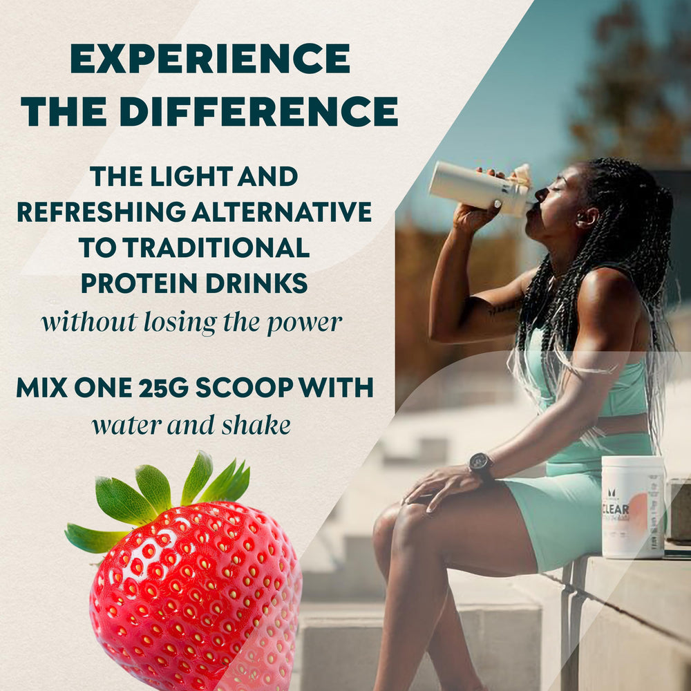 Myprotein Clear Whey Isolate Caramel Apple in glass, zero fat, refreshing protein boost.