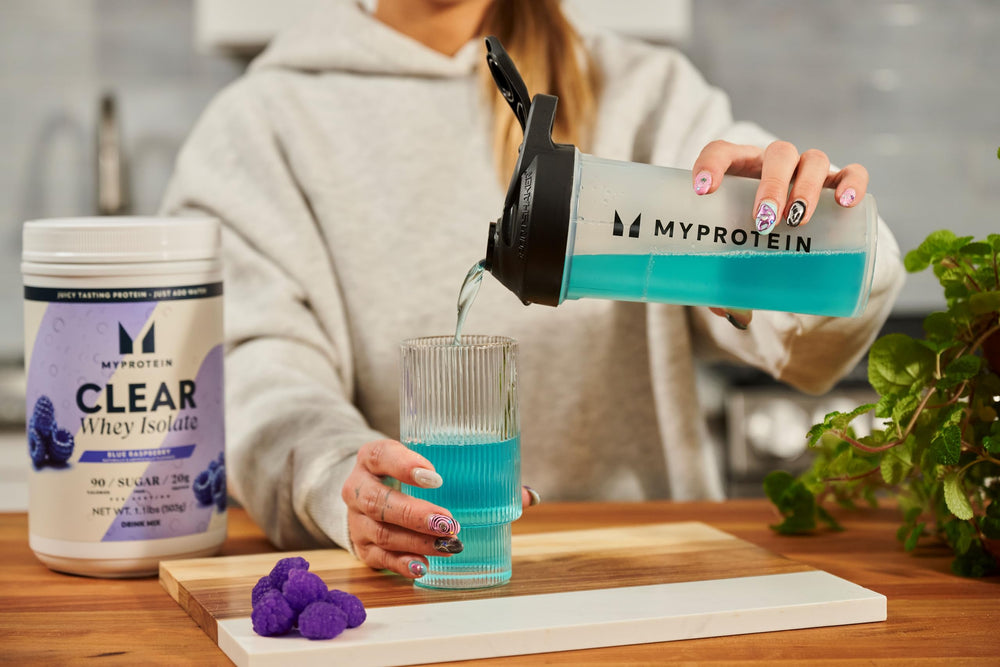 Myprotein Clear Whey Isolate shaken with cold water creates a refreshing juice-like drink.