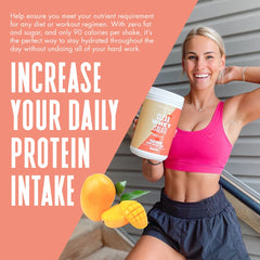 Pouring into cold water yields a translucent, fruity protein drink