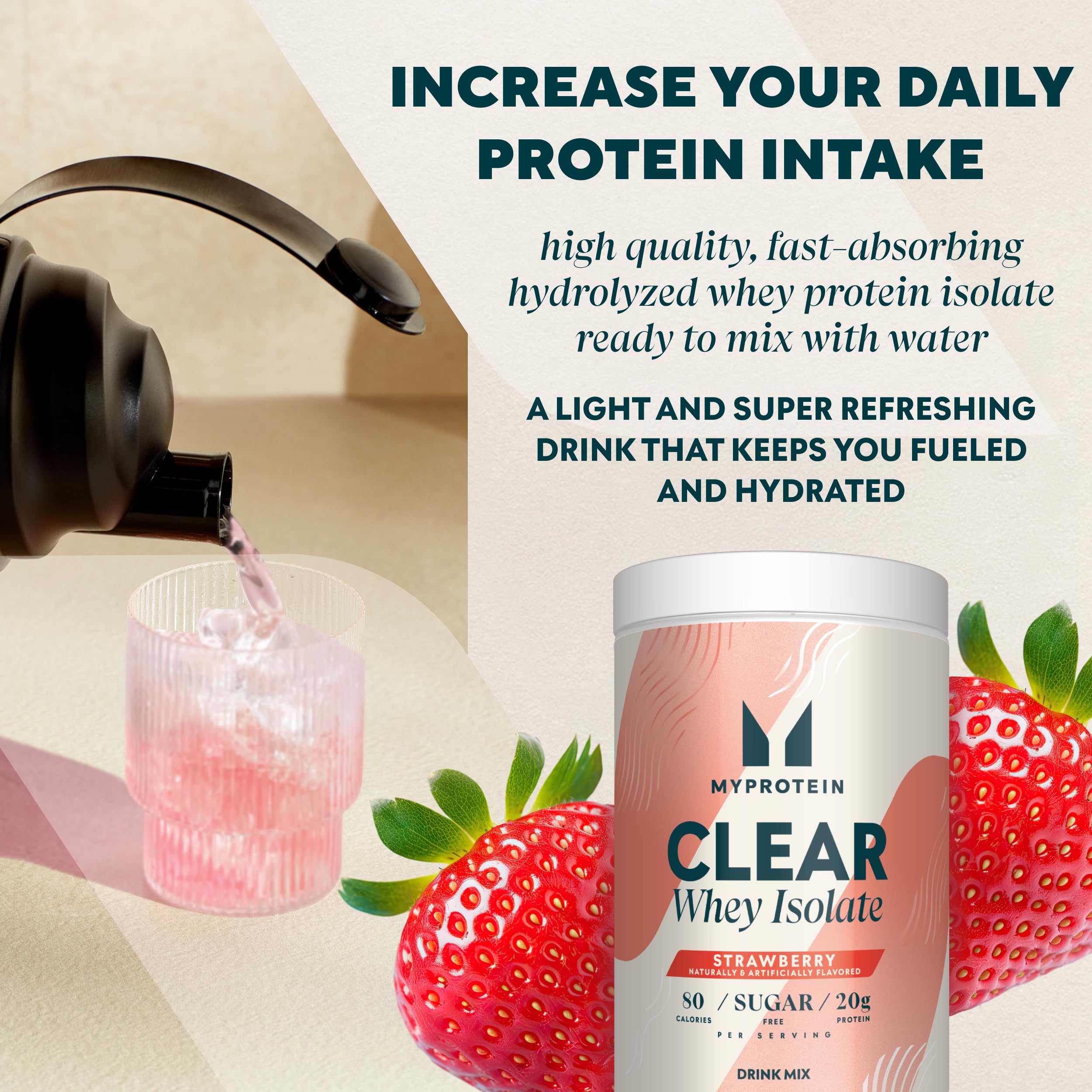 Myprotein Clear Whey Isolate scoop rests on a clean surface highlighting ready to mix convenience