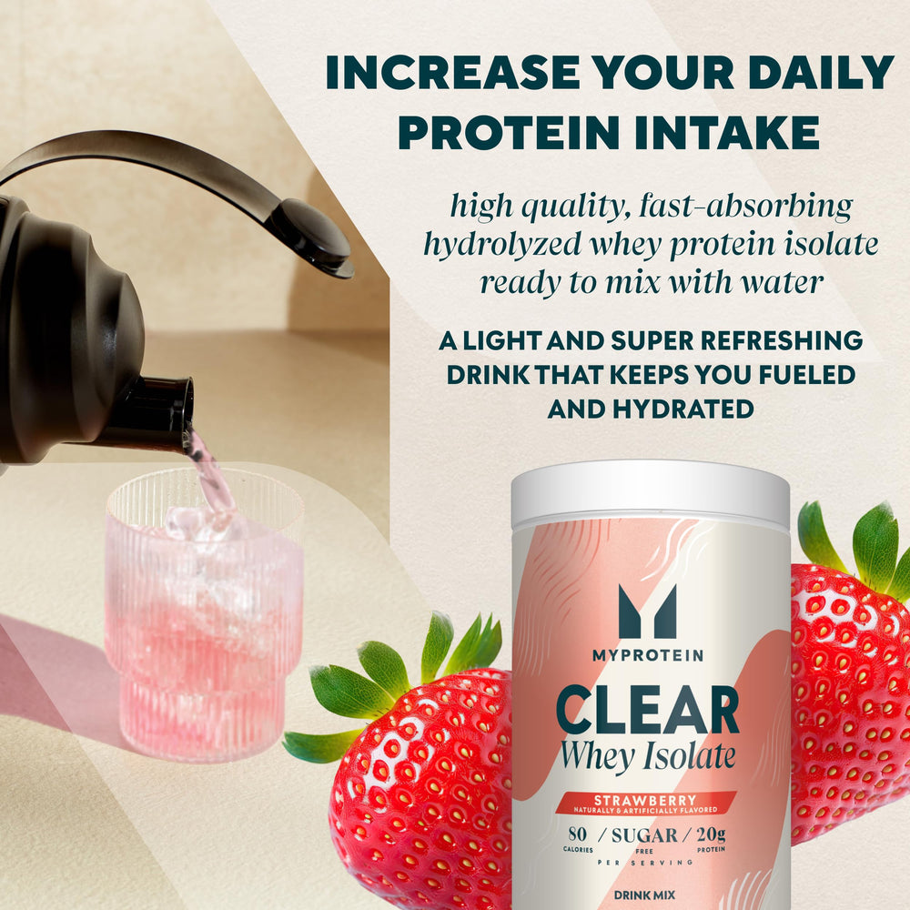 Myprotein Clear Whey Isolate scoop rests on a clean surface highlighting ready to mix convenience