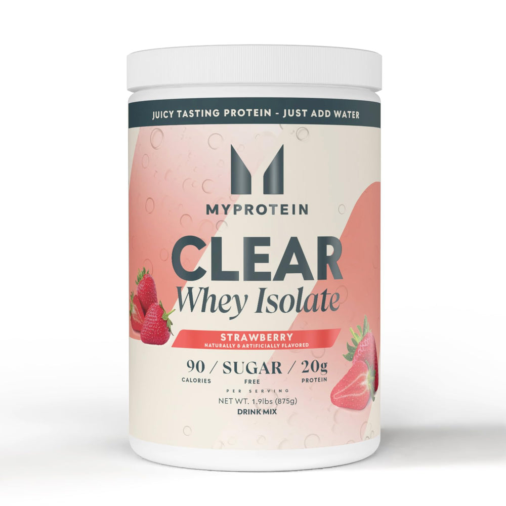 Myprotein Clear Whey Isolate Strawberry drink in glass, post-workout protein option.