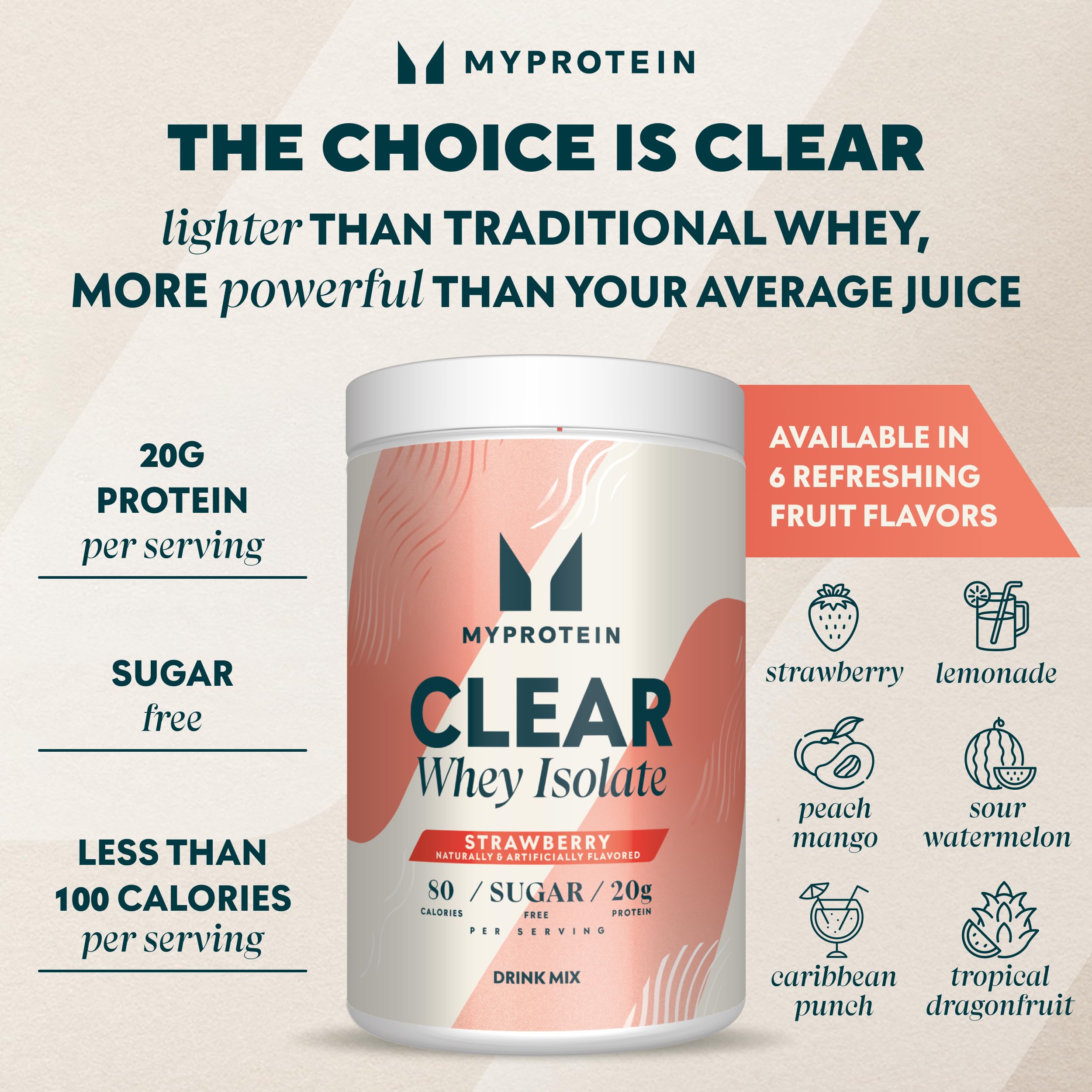 Myprotein Clear Whey Isolate translucent drink demonstrates a light refreshing protein option