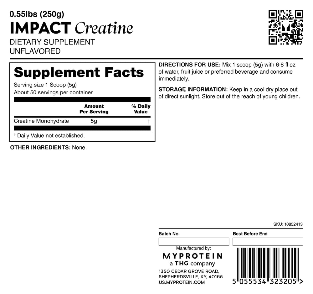 Myprotein creatine monohydrate packaging on shelf.
