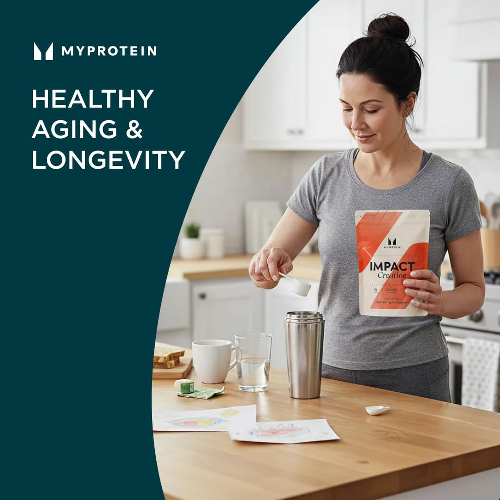 Myprotein Creatine Monohydrate Powder label shows dairy-free and vegan formula.