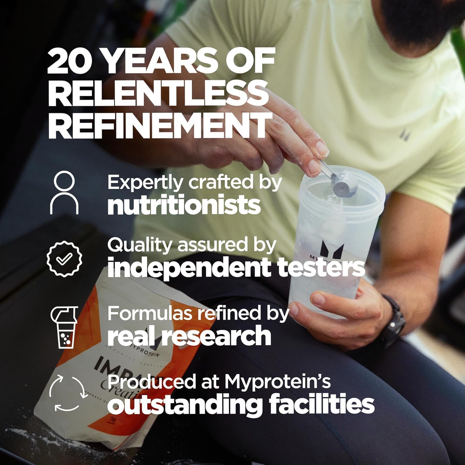 Myprotein Creatine Monohydrate tub back with usage guidance.