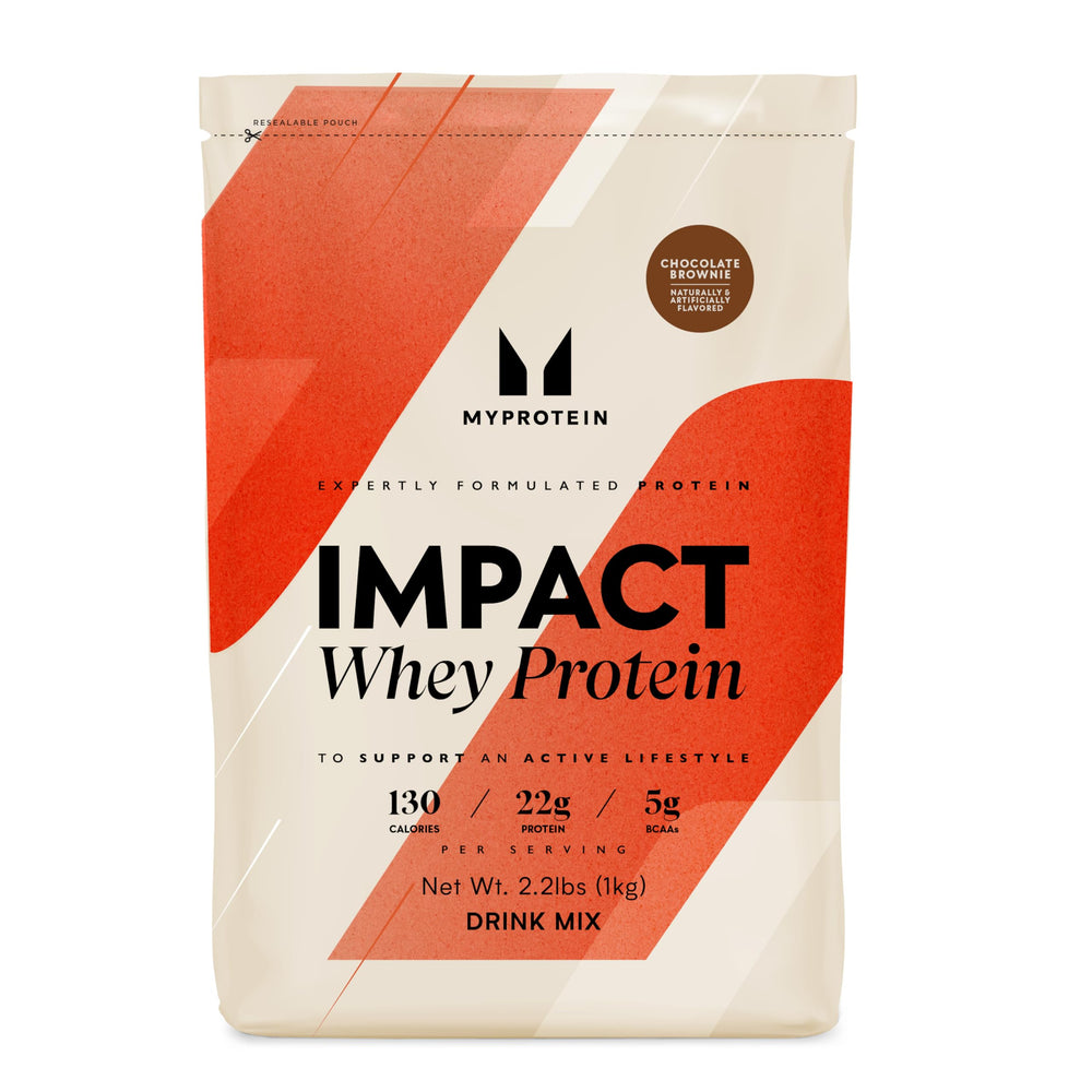 Myprotein Impact Whey Chocolate Brownie jar showcases flavorful post-workout refuel.