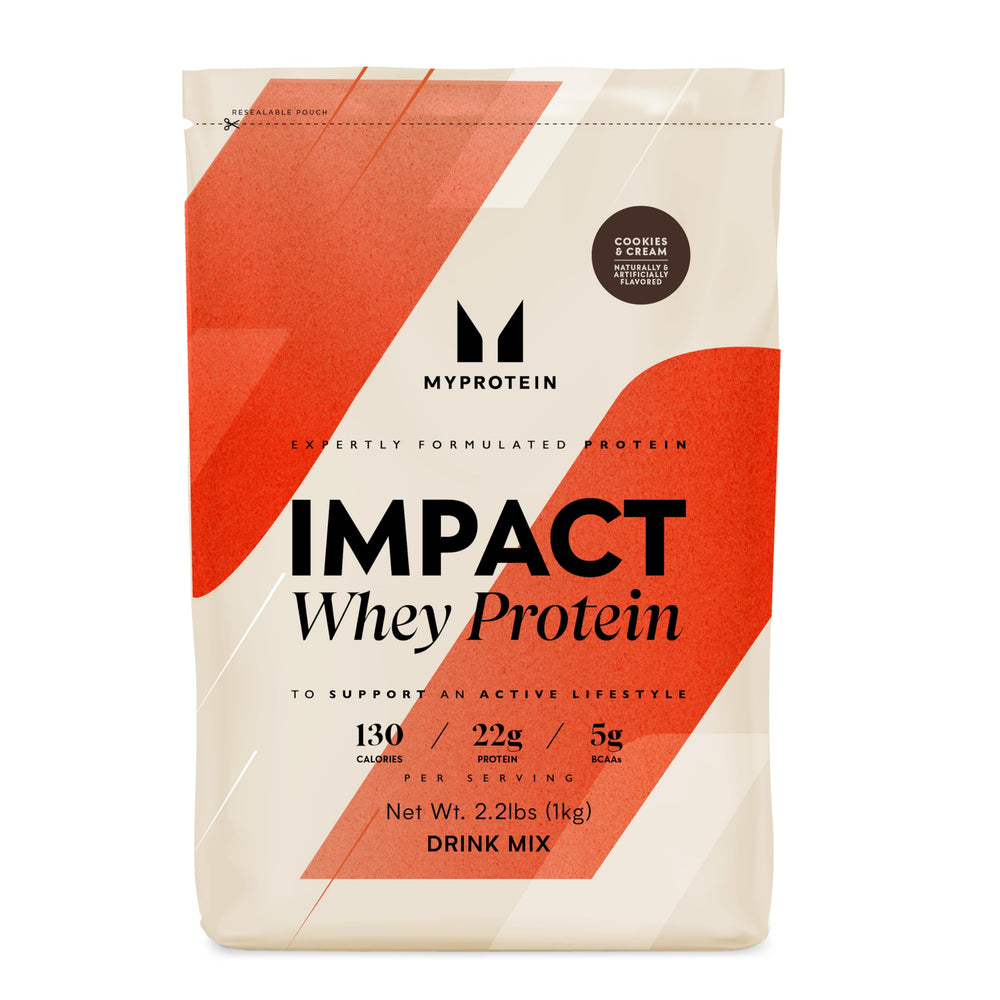 Myprotein Impact Whey Cookies & Cream canister on counter for post-workout protein
