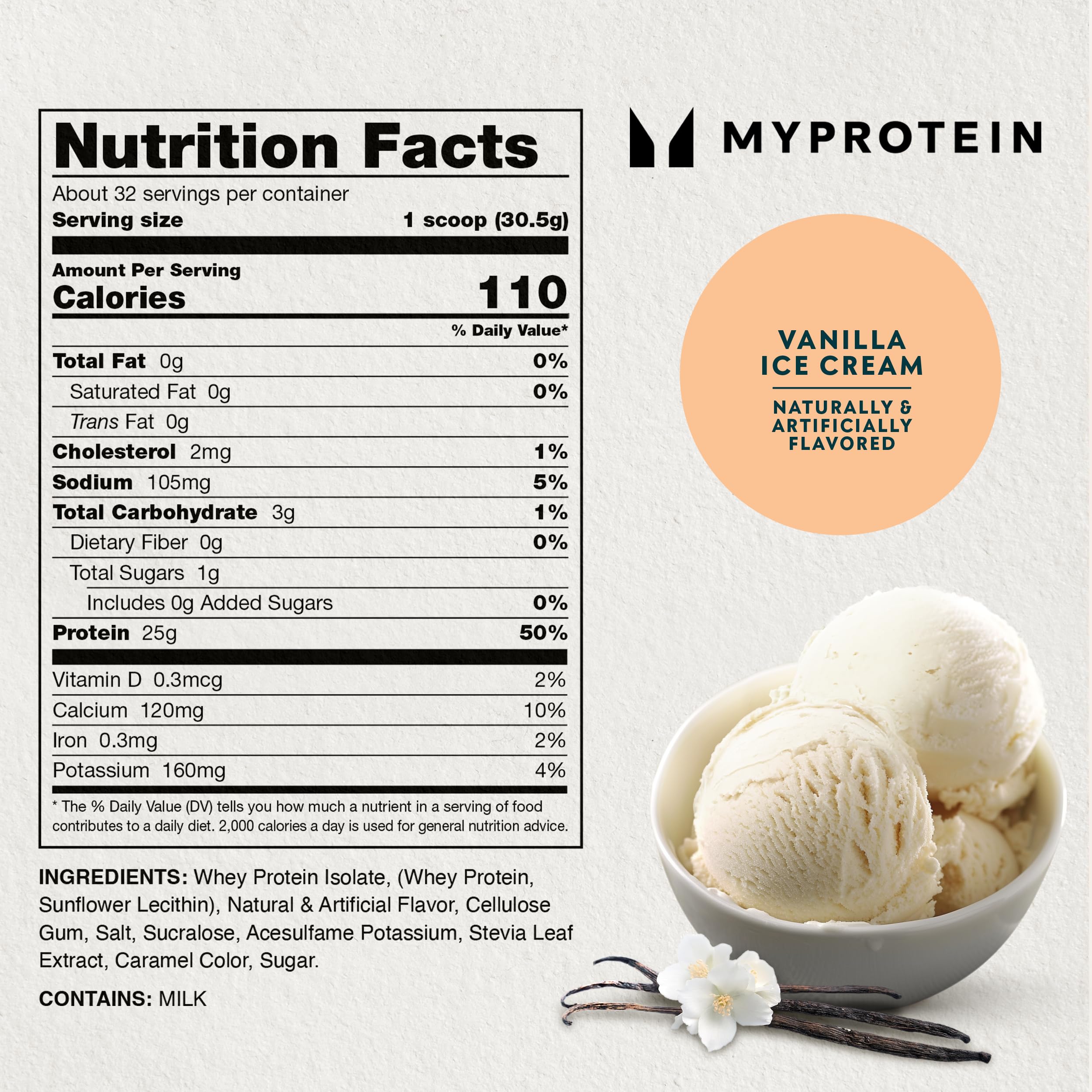 Myprotein Impact Whey Isolate Vanilla label on the tub with protein details