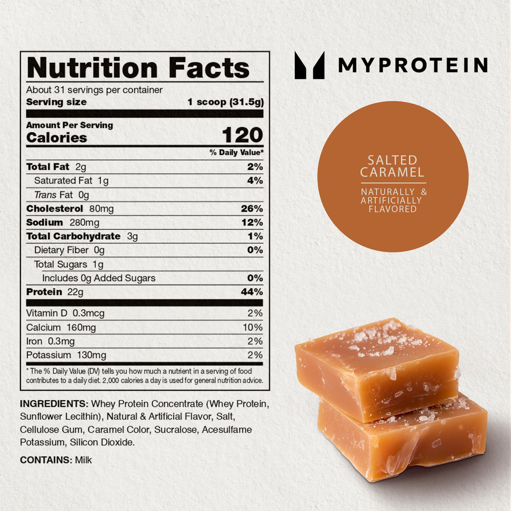 Myprotein Impact Whey Salted Caramel serving setup ready to mix.