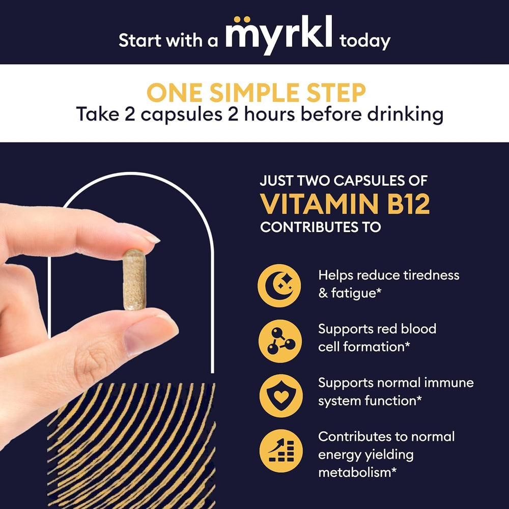 Capsules poured from bottle to illustrate pre-drinking routine with Myrkl