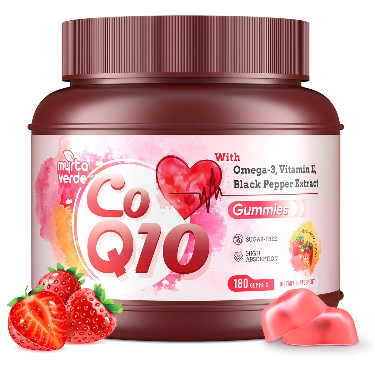 Myrtaverde CoQ10 gummies bottle with strawberry flavor for daily energy and antioxidant benefits