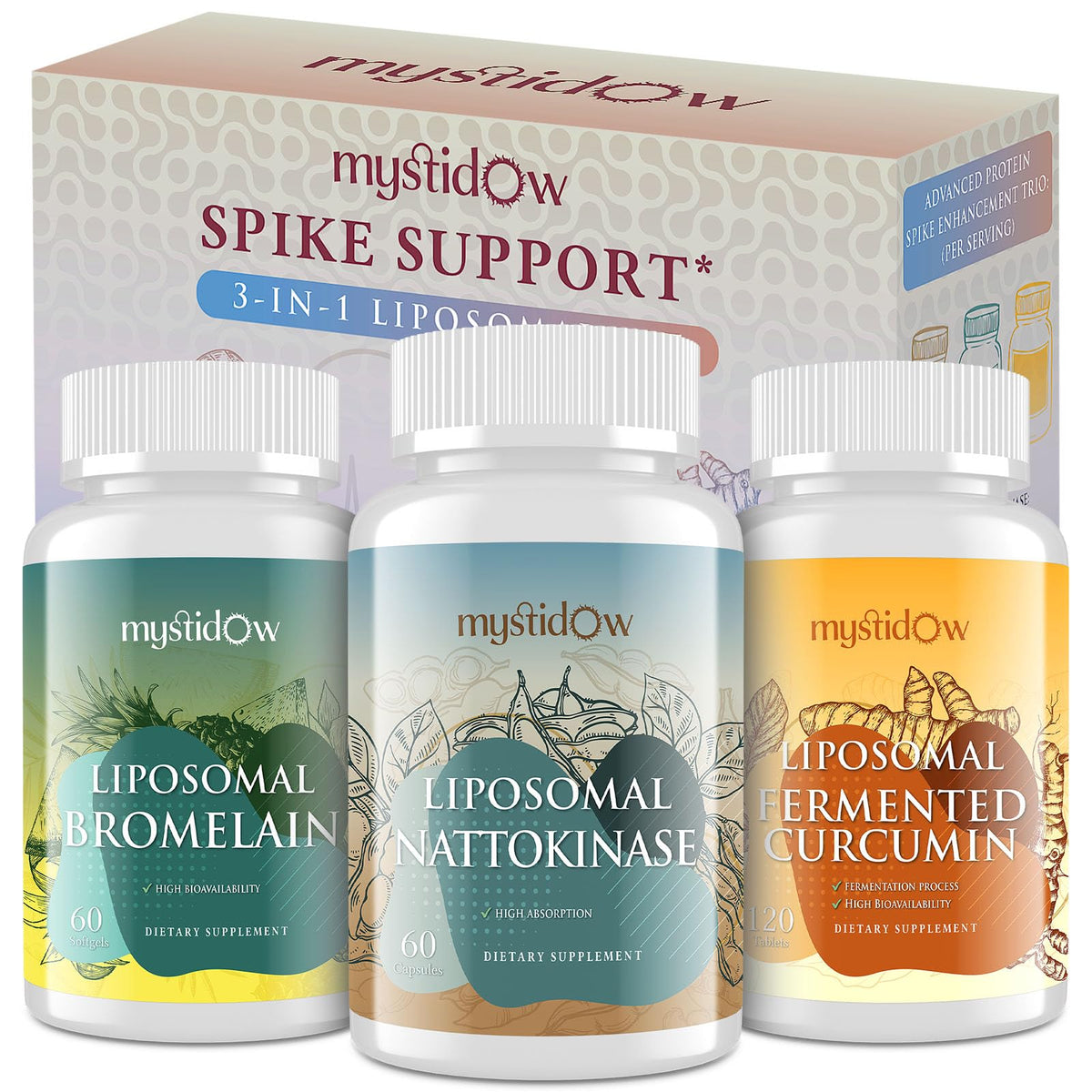 Mystidow Spike Support Trio bottle front view showcases liposome absorption benefits.