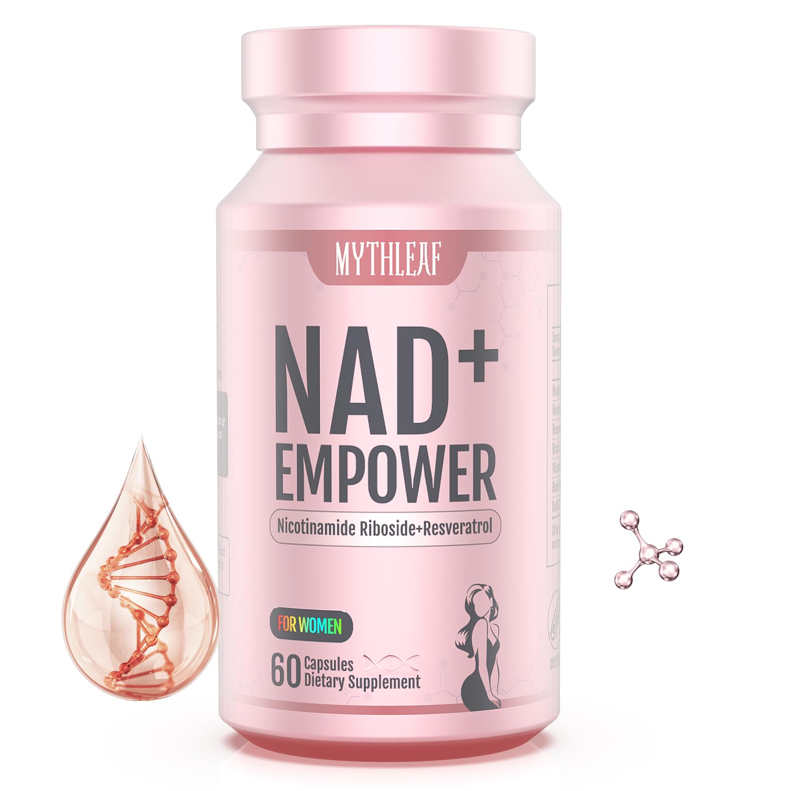 MythLeaf NAD+ bottle-rose-gold packaging for premium wellness and daily vitality.