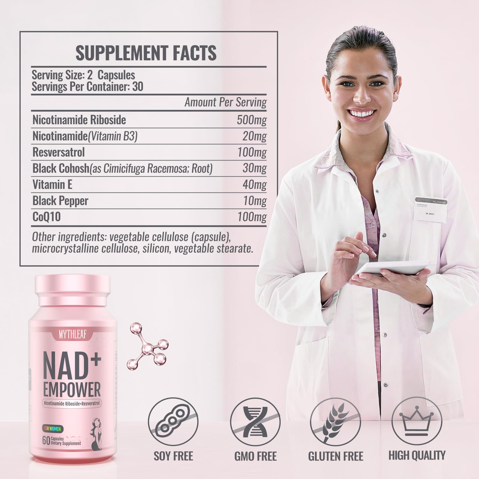 MythLeaf NAD+ capsules close-up highlights easy daily energy support.