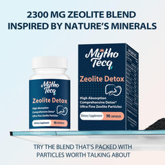 MythoTecq Activated charcoal and bentonite capsule close-up for detox.