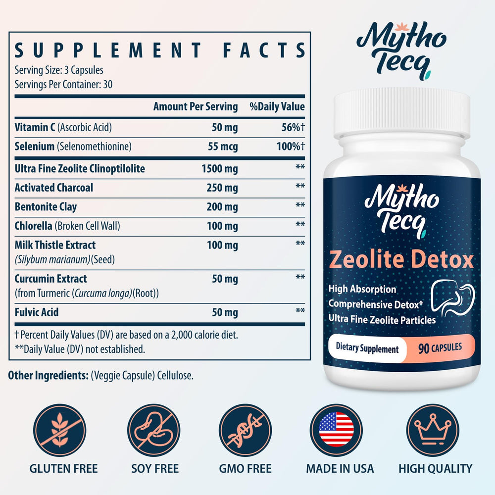 MythoTecq Zeolite Detox capsules close-up highlighting high absorption potential.