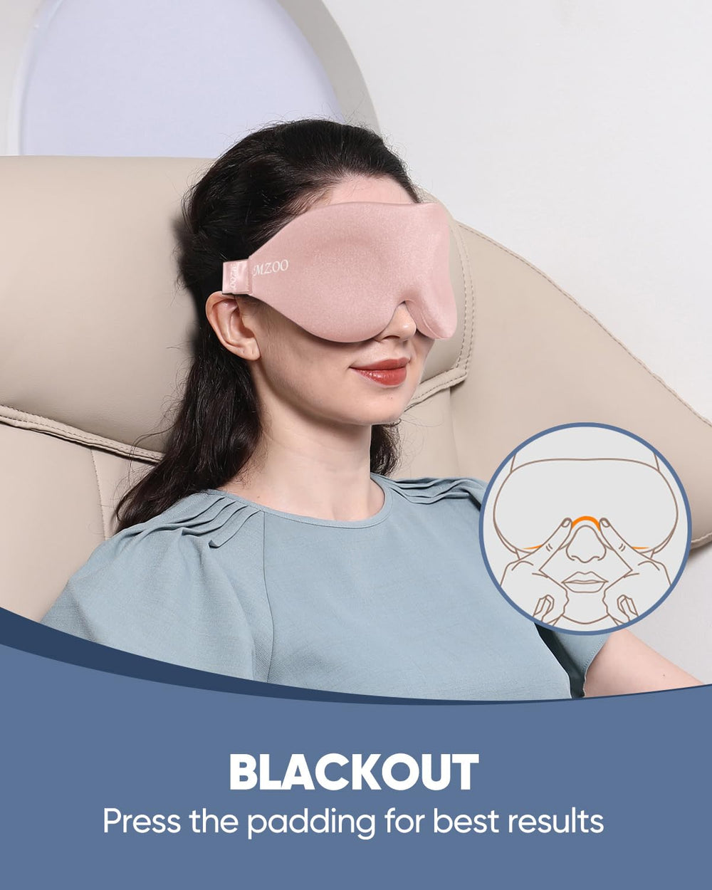 MZOO eye mask nose bridge cutout contours for zero pressure and easy breathing.