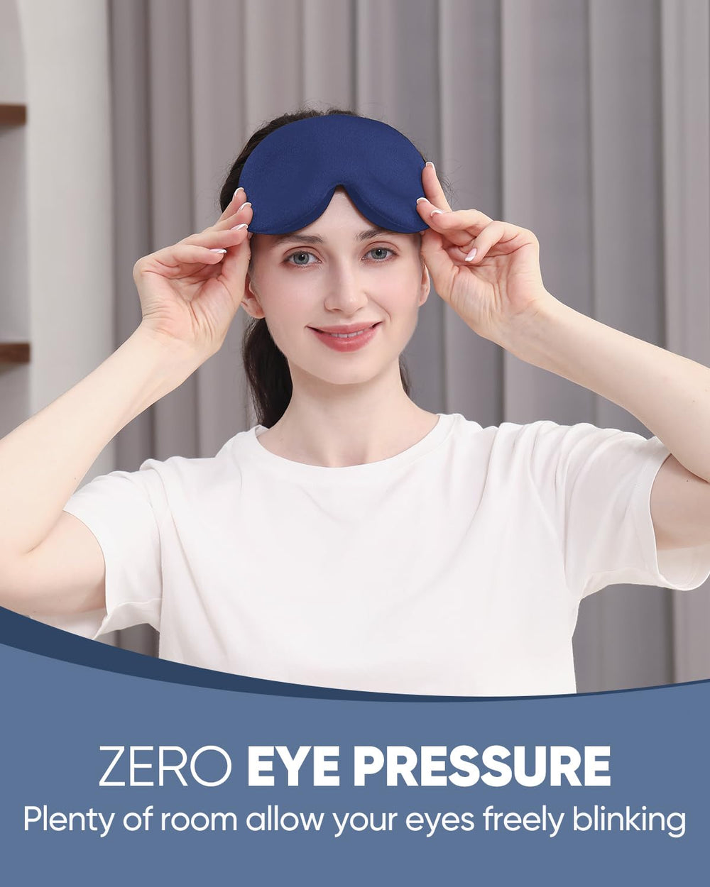 MZOO 3D eye mask on a side sleeper reduces temple pressure.