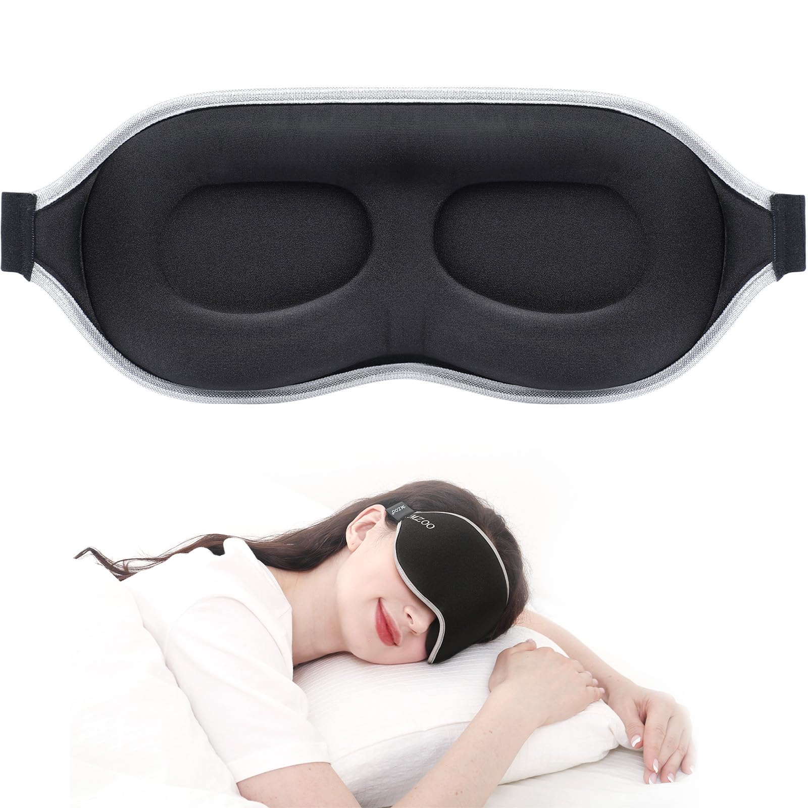 MZOO luxury sleep mask showing full-face blackout for daytime naps
