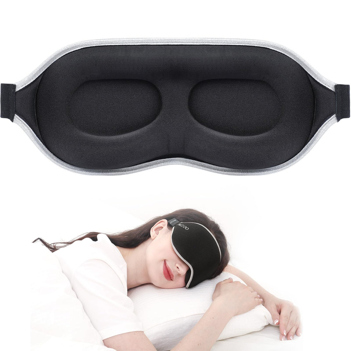 MZOO luxury sleep mask showing full-face blackout for daytime naps