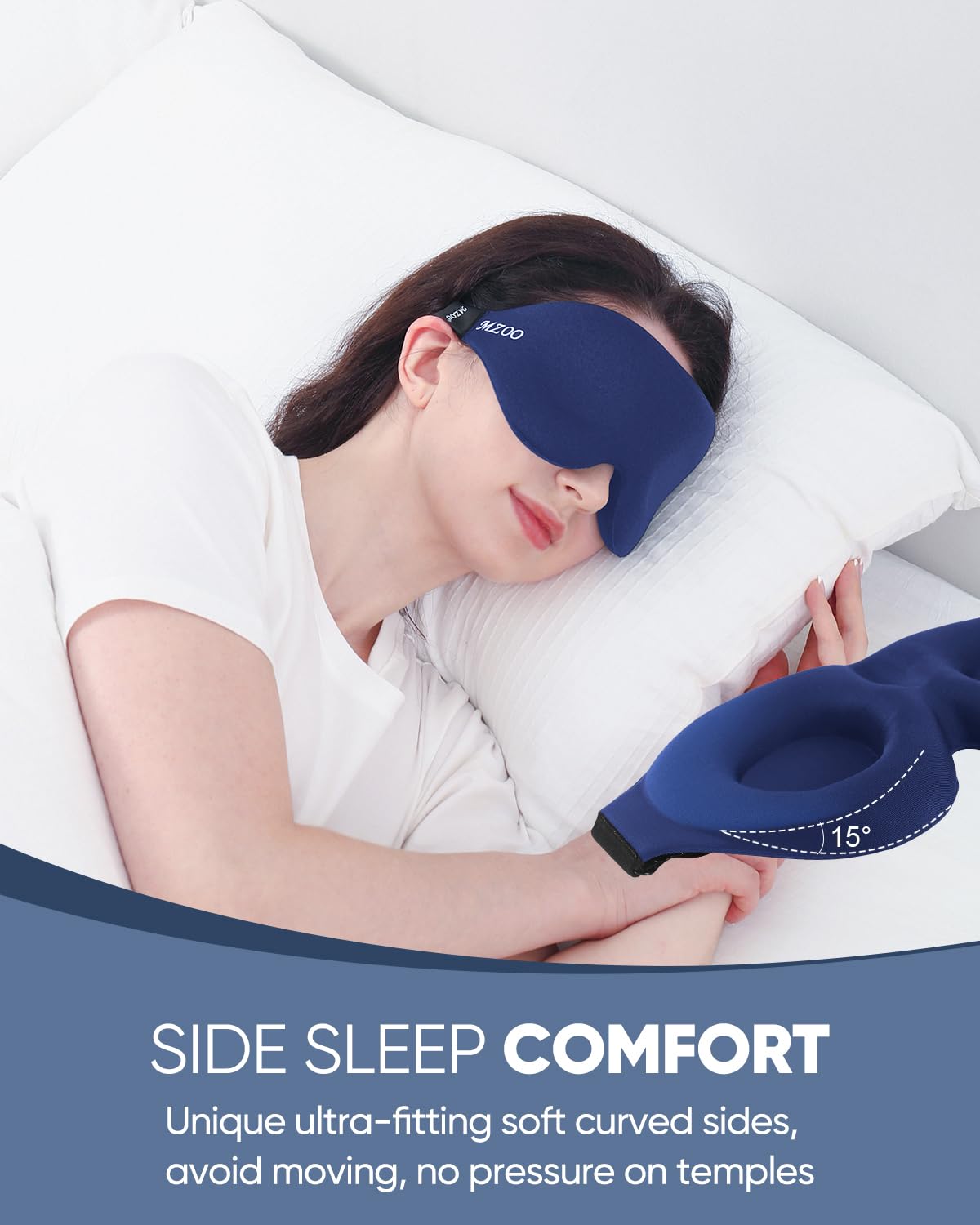 MZOO patented contoured eye cups seal softly for blackout comfort.
