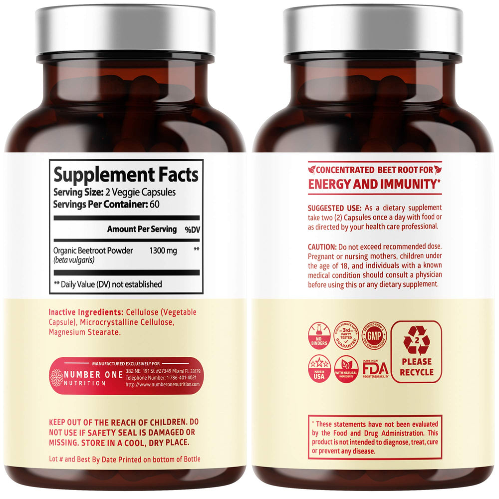 N1N beet root capsules packaging highlighting non-GMO and gluten-free features.