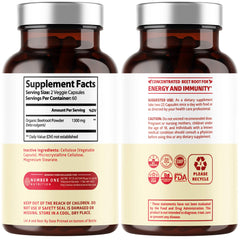 N1N beet root capsules packaging highlighting non-GMO and gluten-free features.