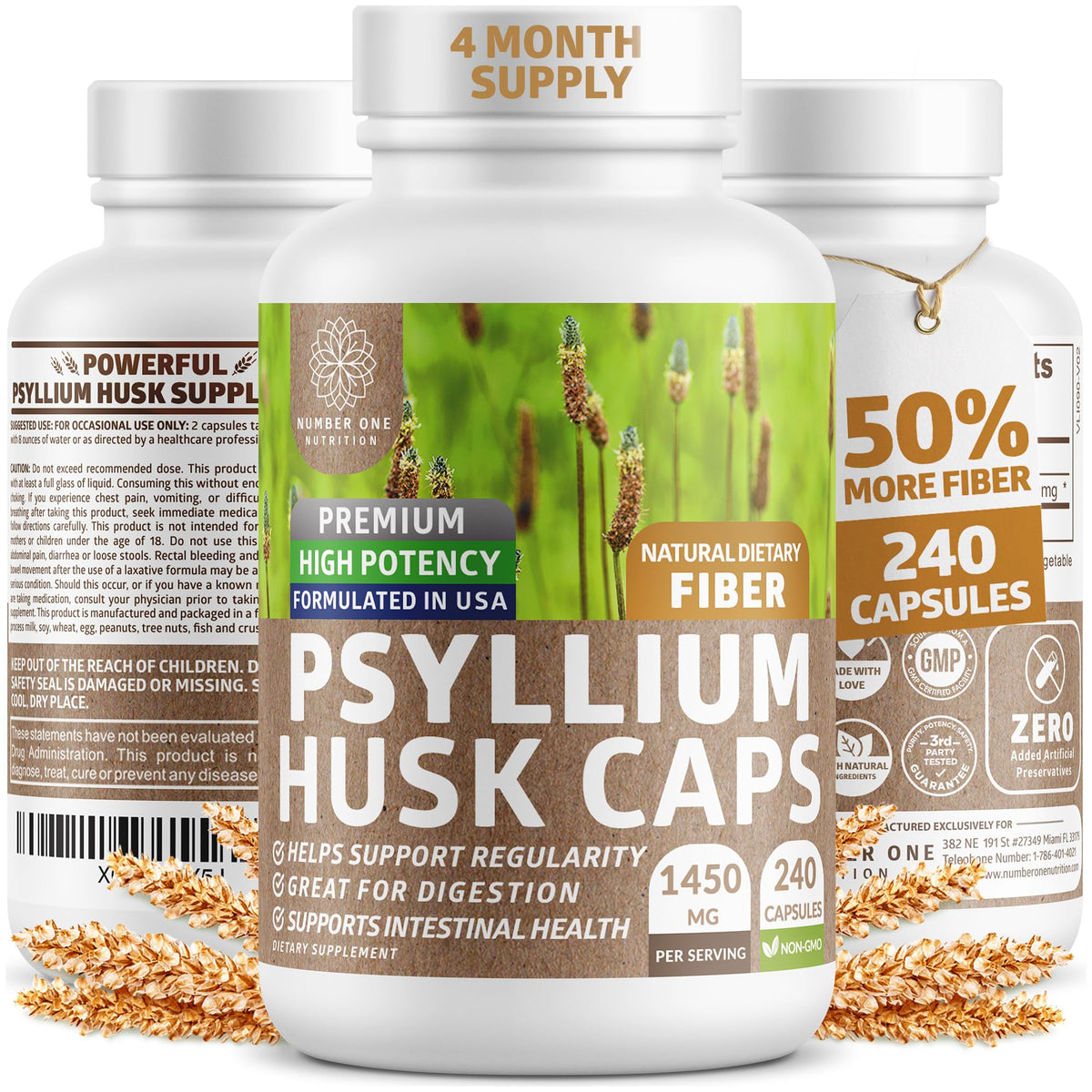 Number One Nutrition N1N Premium Psyllium Husk Capsules bottle pour supports daily fiber intake.