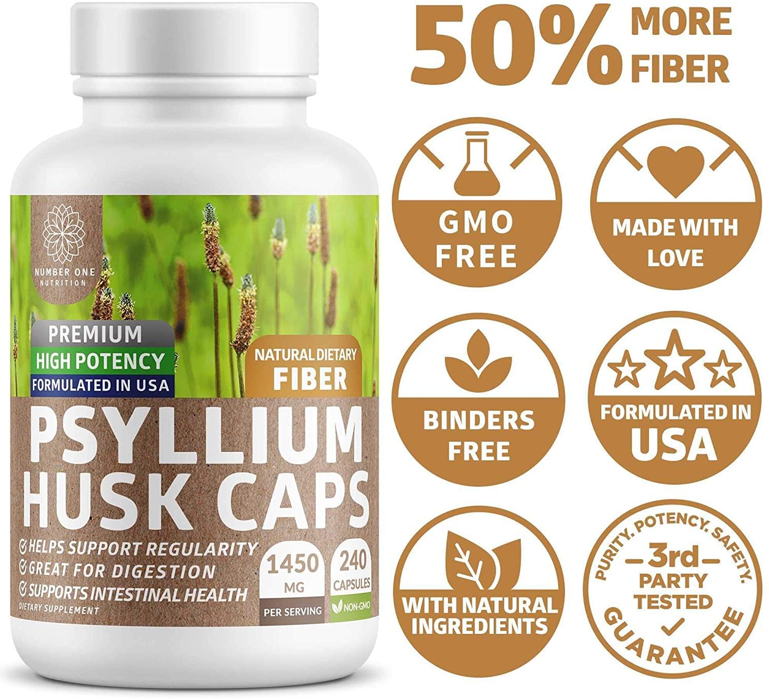 Number One Nutrition N1N Premium Psyllium Husk Capsules daily use supports fiber intake.