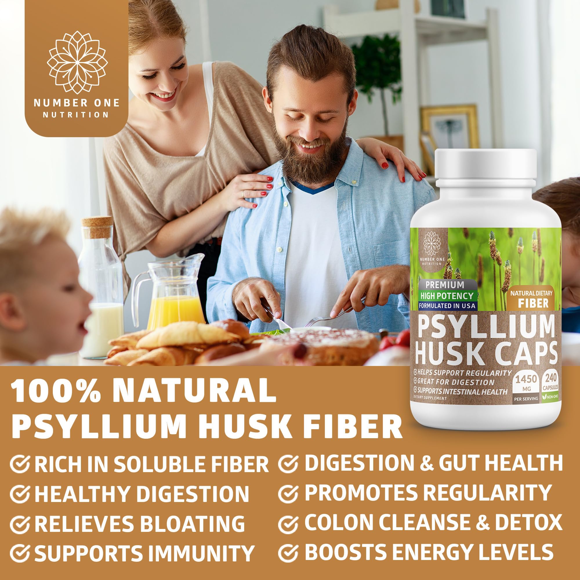 Number One Nutrition N1N Premium Psyllium Husk Capsules label shows ingredients and 1450 mg per serving.