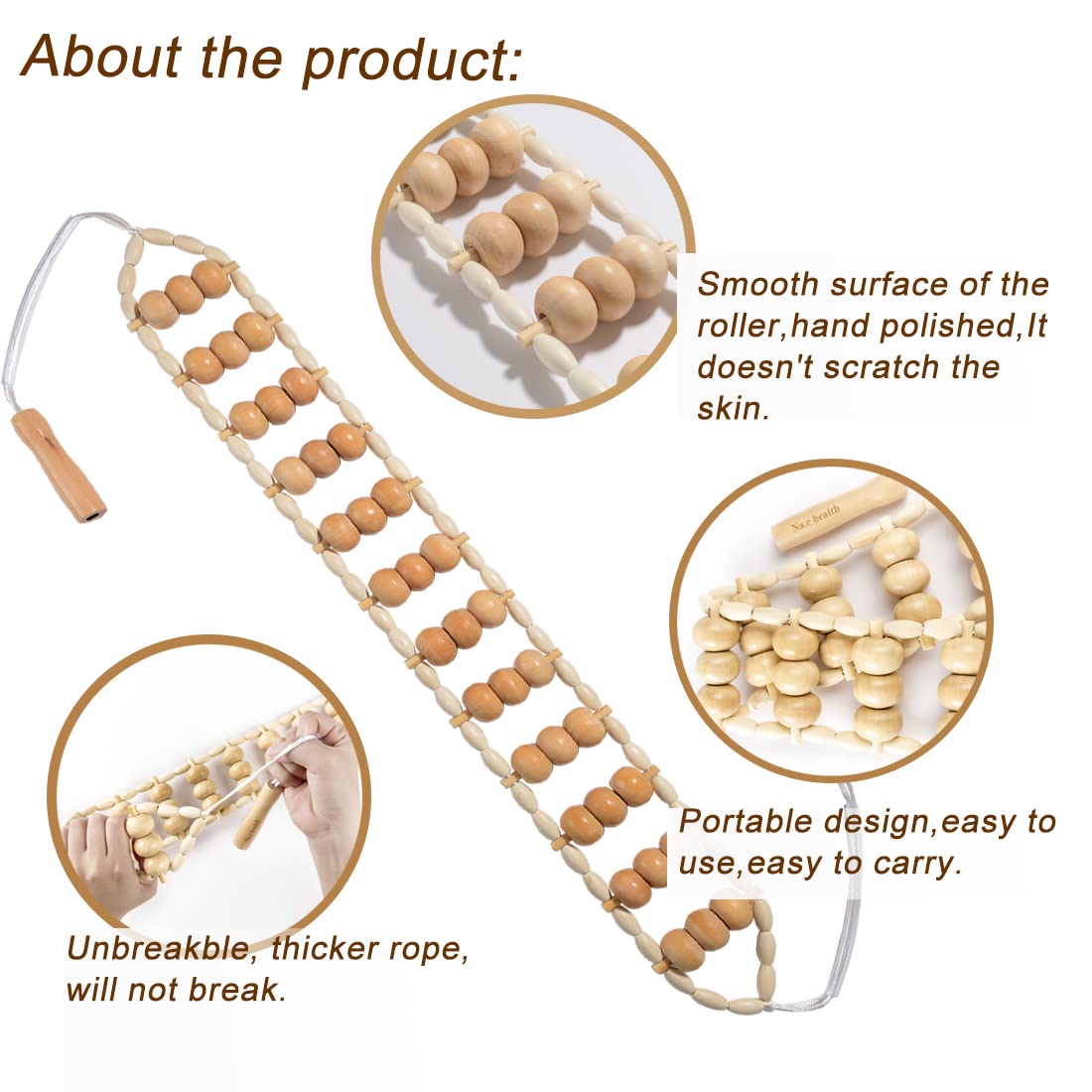 Na.c Health wooden therapy roller rope portable massage tool for travel