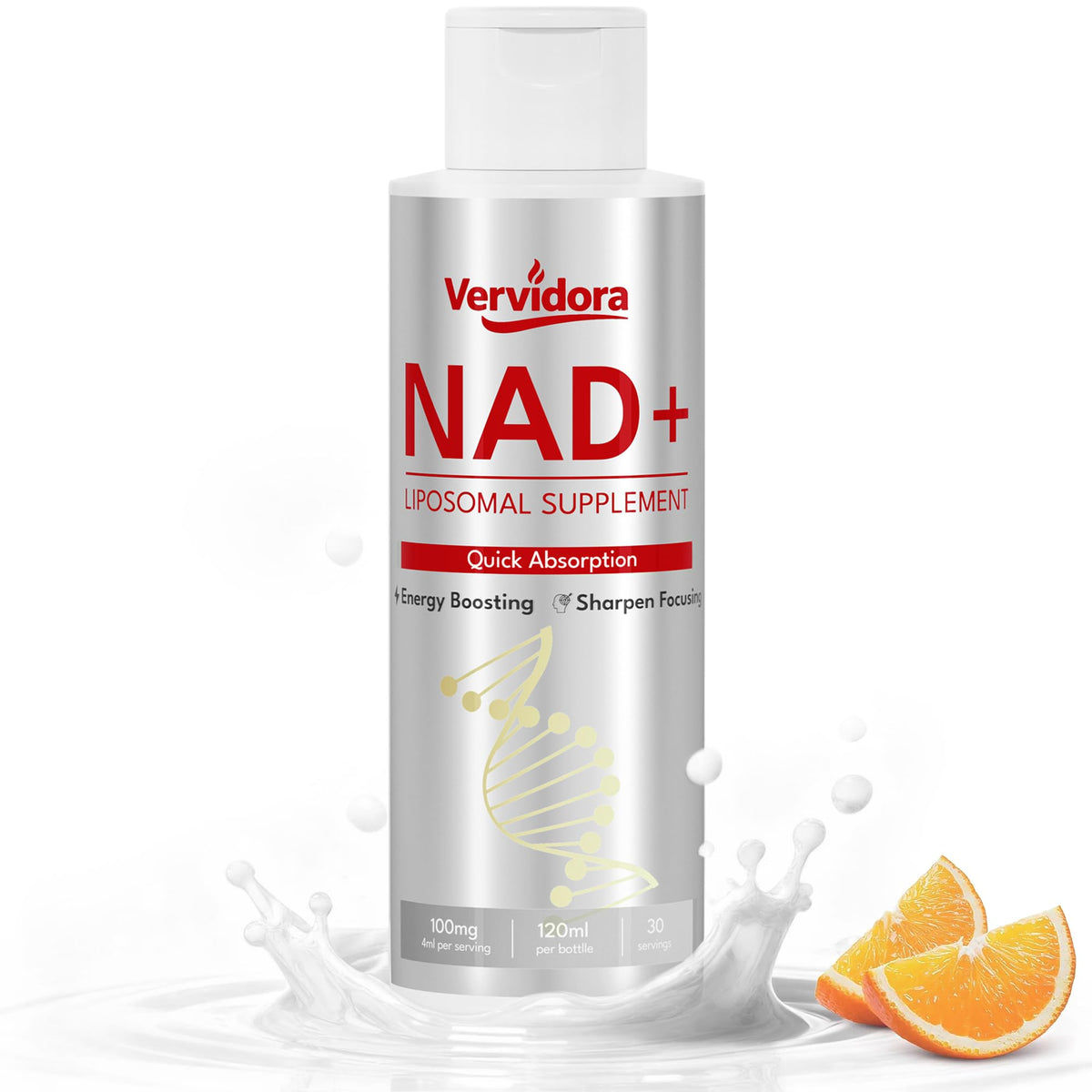 Vervidora NAD+ liposomal bottle pour for easy energy support.
