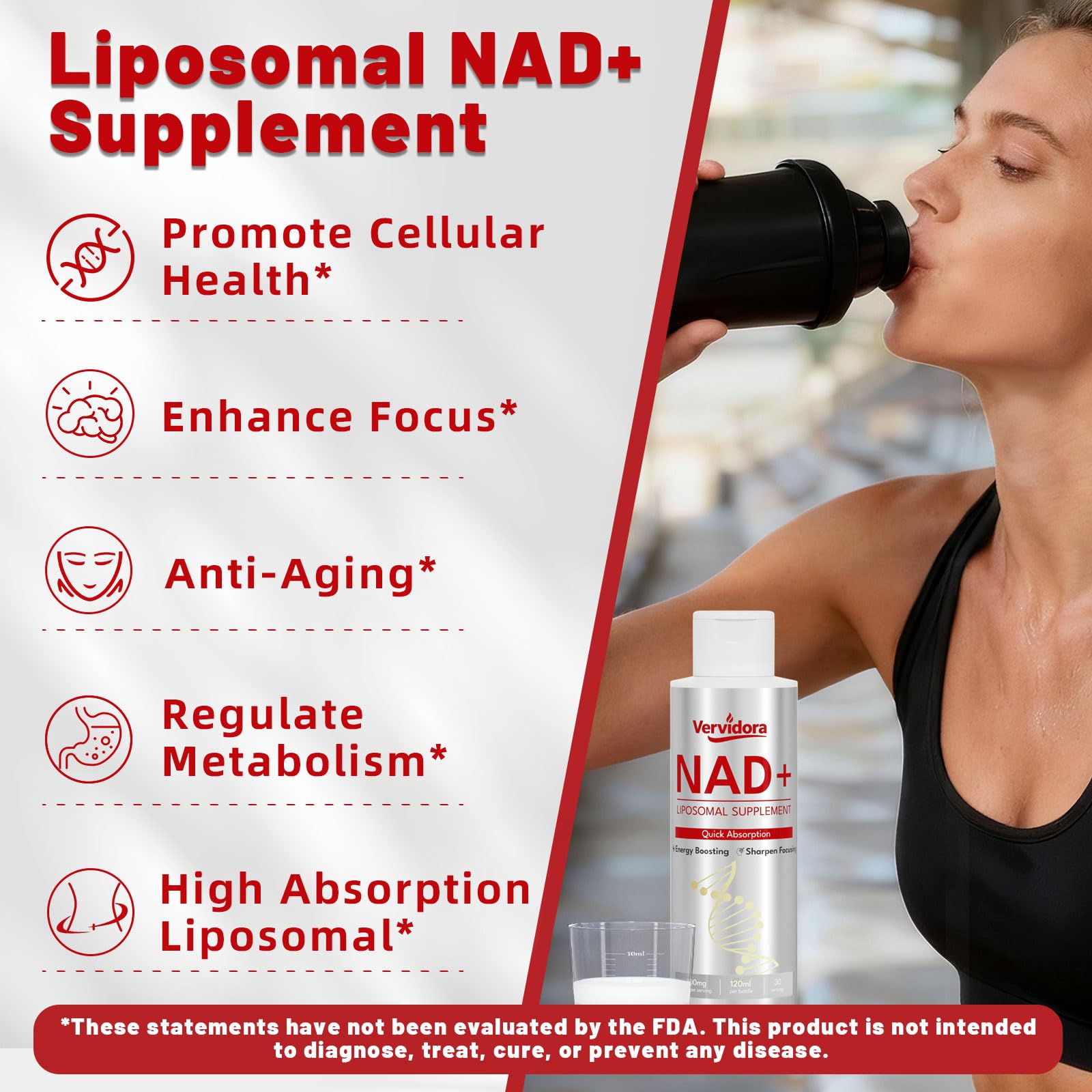 Vervidora NAD+ liposomal liquid glass dispense supports fast absorption.