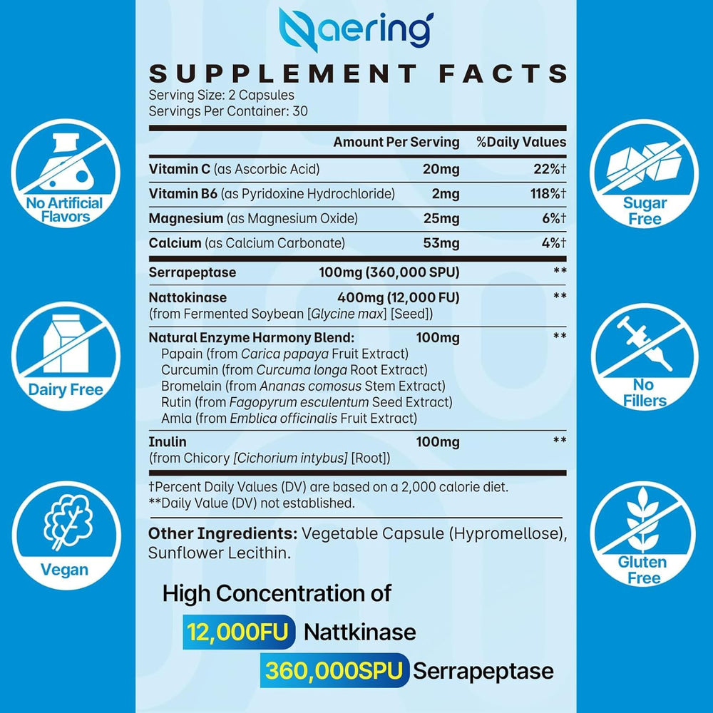 Naering nattokinase-serrapeptase capsules offer convenient daily use.