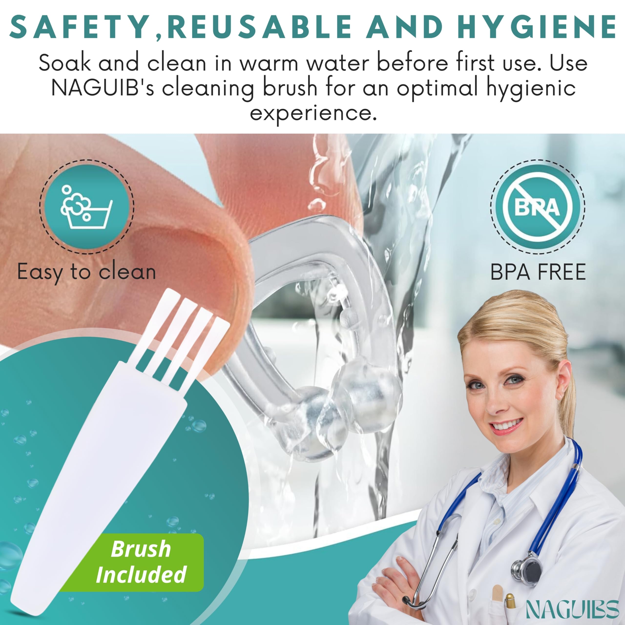 NAGUIBS hygienic reusable snore clip that is easy to clean.