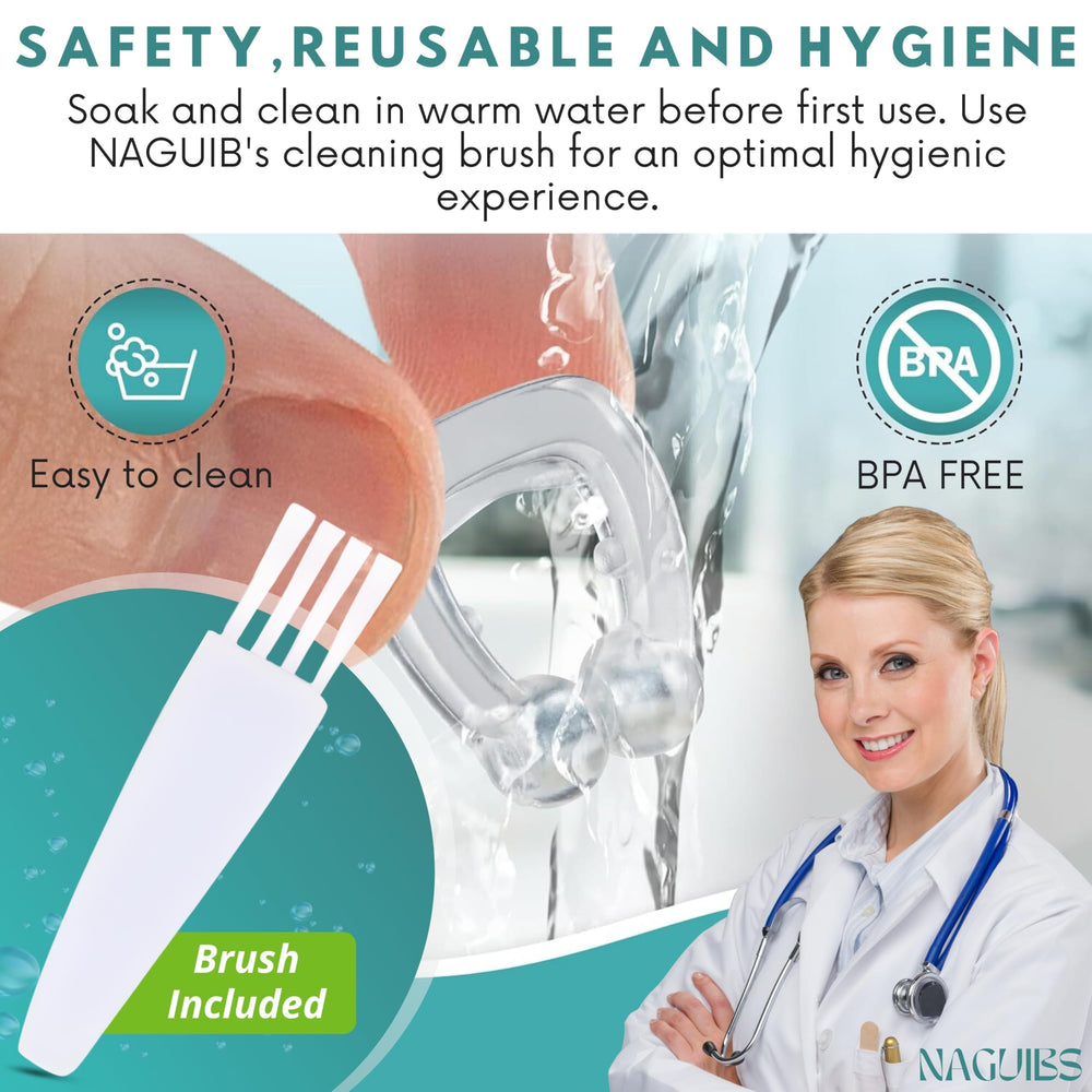 NAGUIBS hygienic reusable snore clip that is easy to clean.