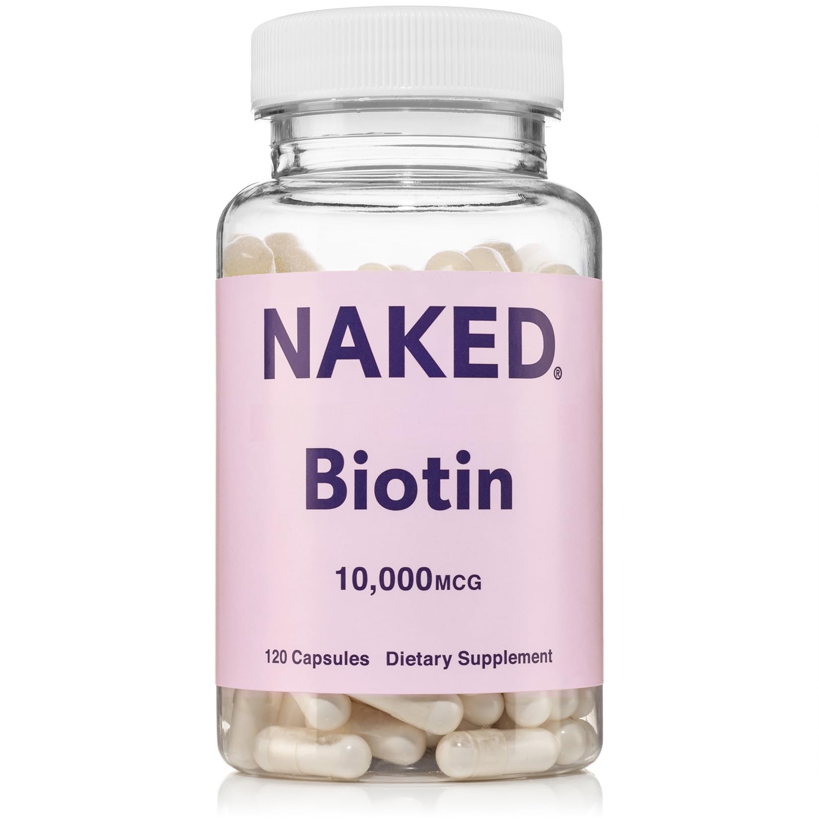 NAKED Biotin 10,000mcg bottle front view demonstrates vegan, non-GMO wellness.