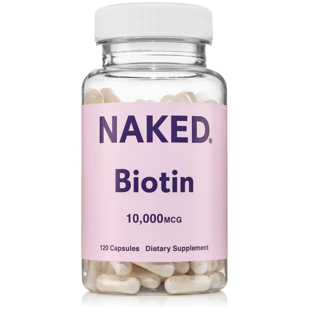 NAKED Biotin 10,000mcg bottle front view demonstrates vegan, non-GMO wellness.