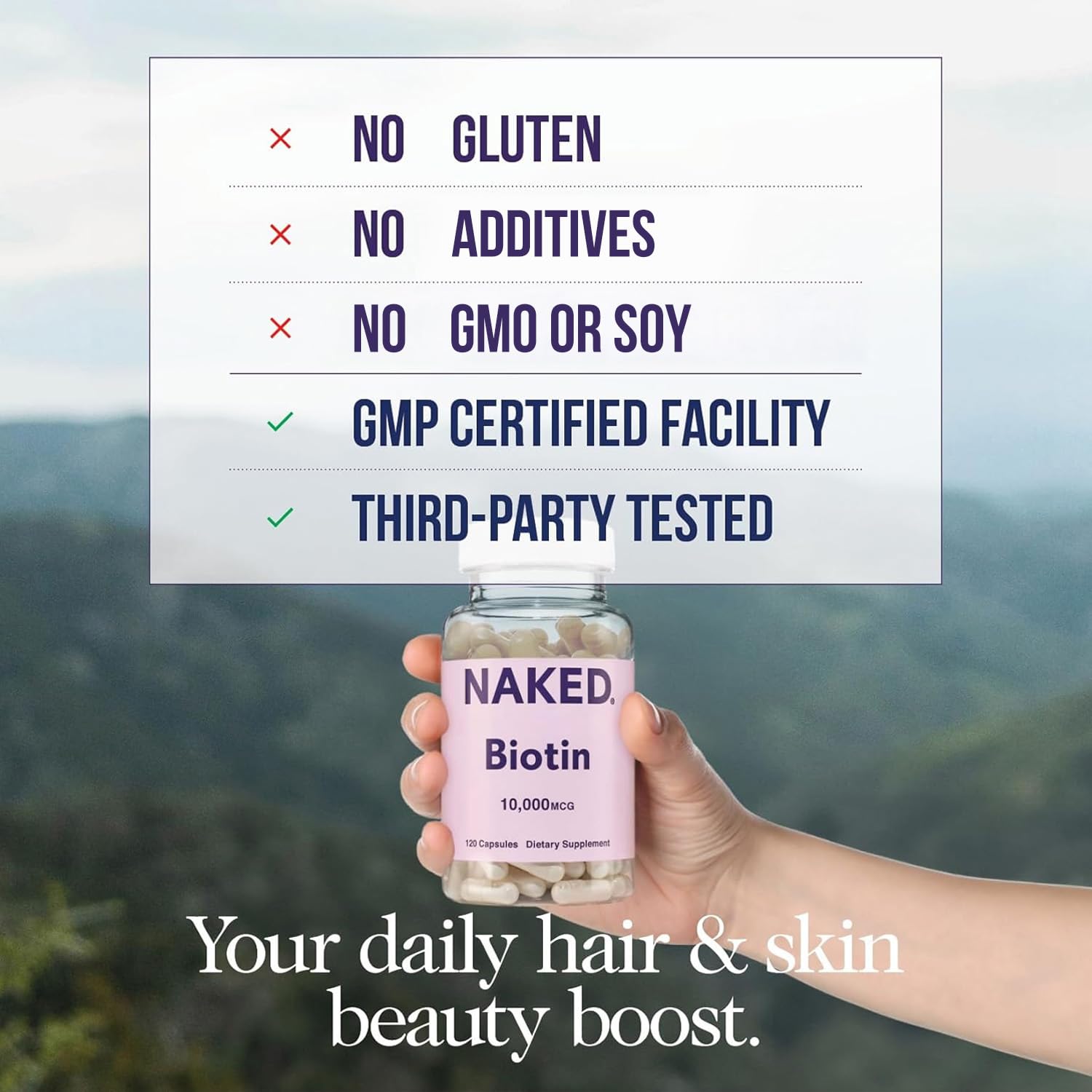 NAKED Biotin capsules close-up highlighting high-potency Vitamin B7.