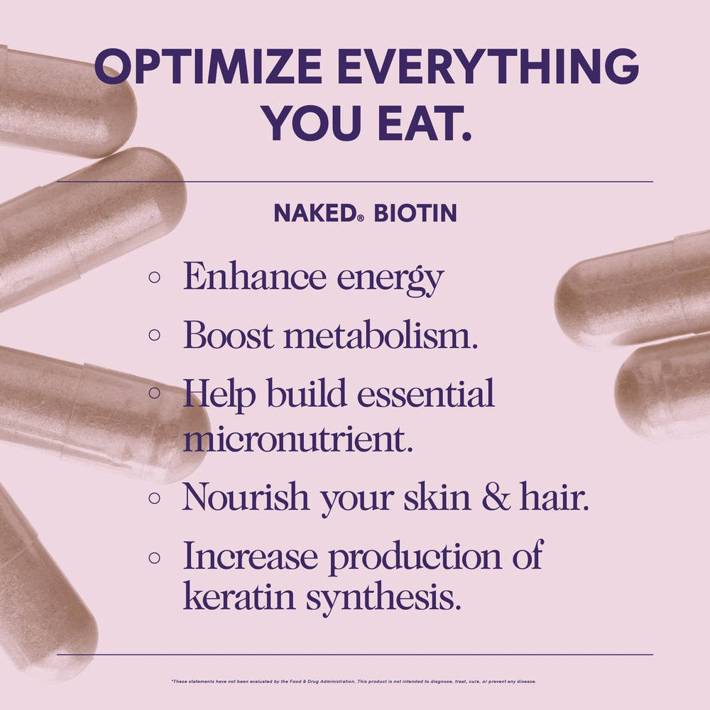 NAKED Biotin label detail showing gluten-free and Made in USA claims.
