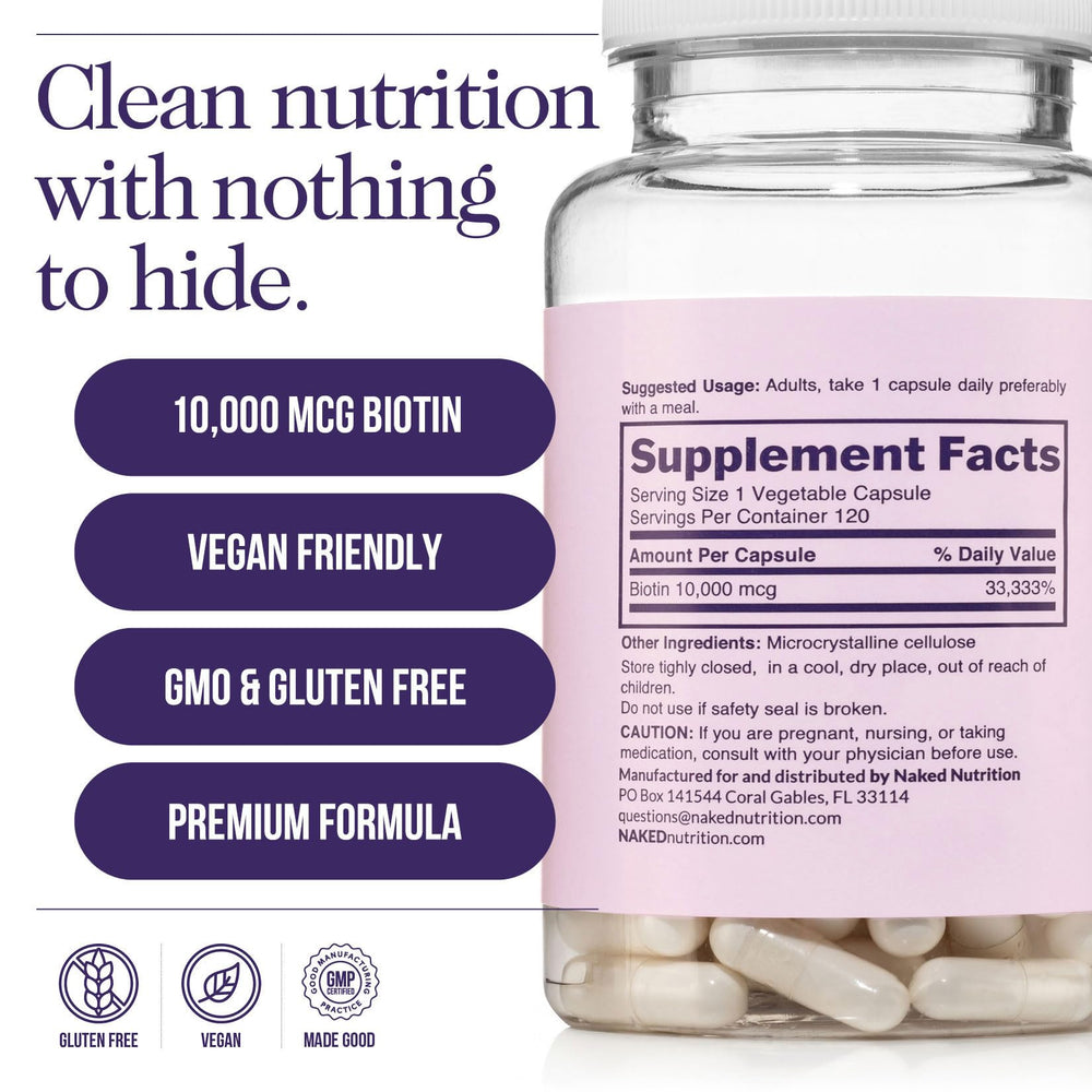 NAKED Biotin packaging box highlighting 120 capsules per bottle.