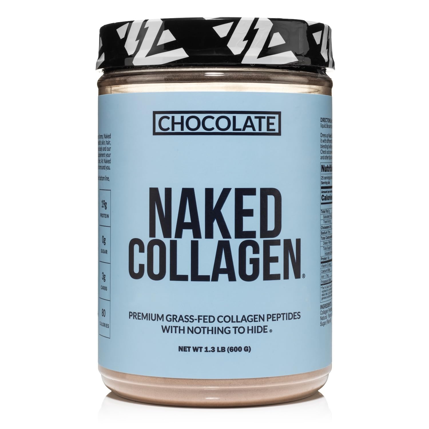 NAKED Chocolate Collagen Powder tub on shelf, daily wellness support.