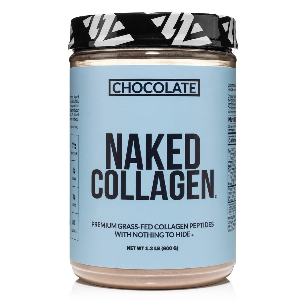 NAKED Chocolate Collagen Powder tub on shelf, daily wellness support.