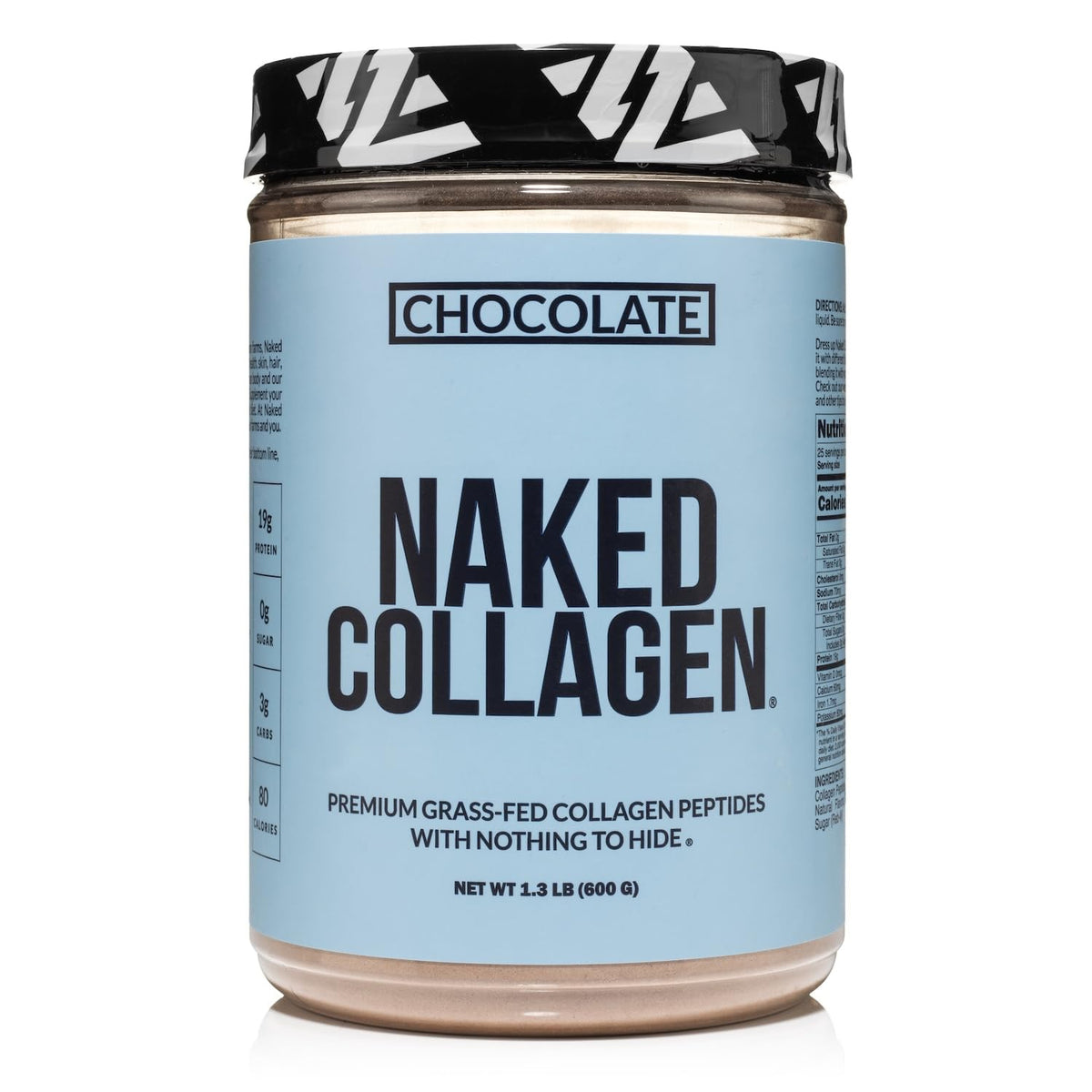 NAKED Chocolate Collagen Powder tub on shelf, daily wellness support.