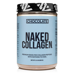 NAKED Chocolate Collagen Powder tub on shelf, daily wellness support.