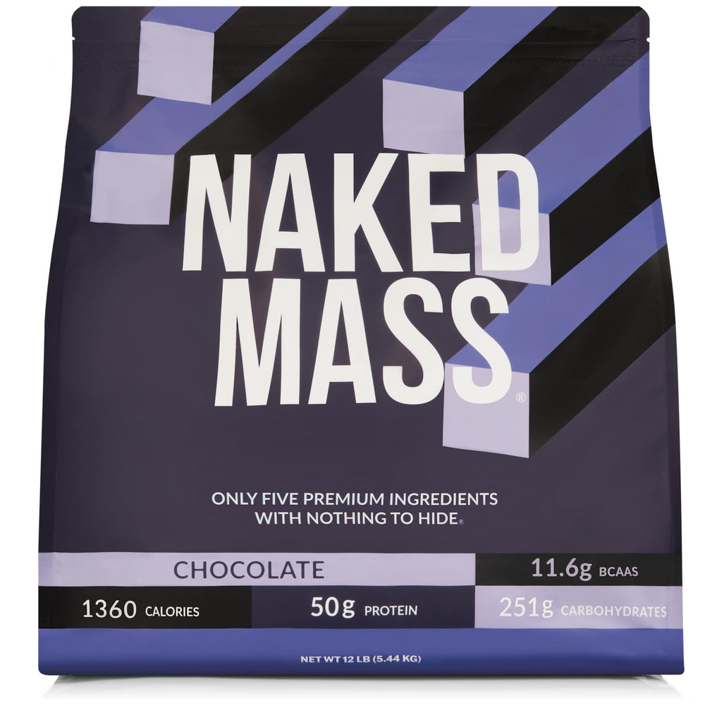 NAKED Chocolate Mass Gainer bottle and scoop ready for a protein shake